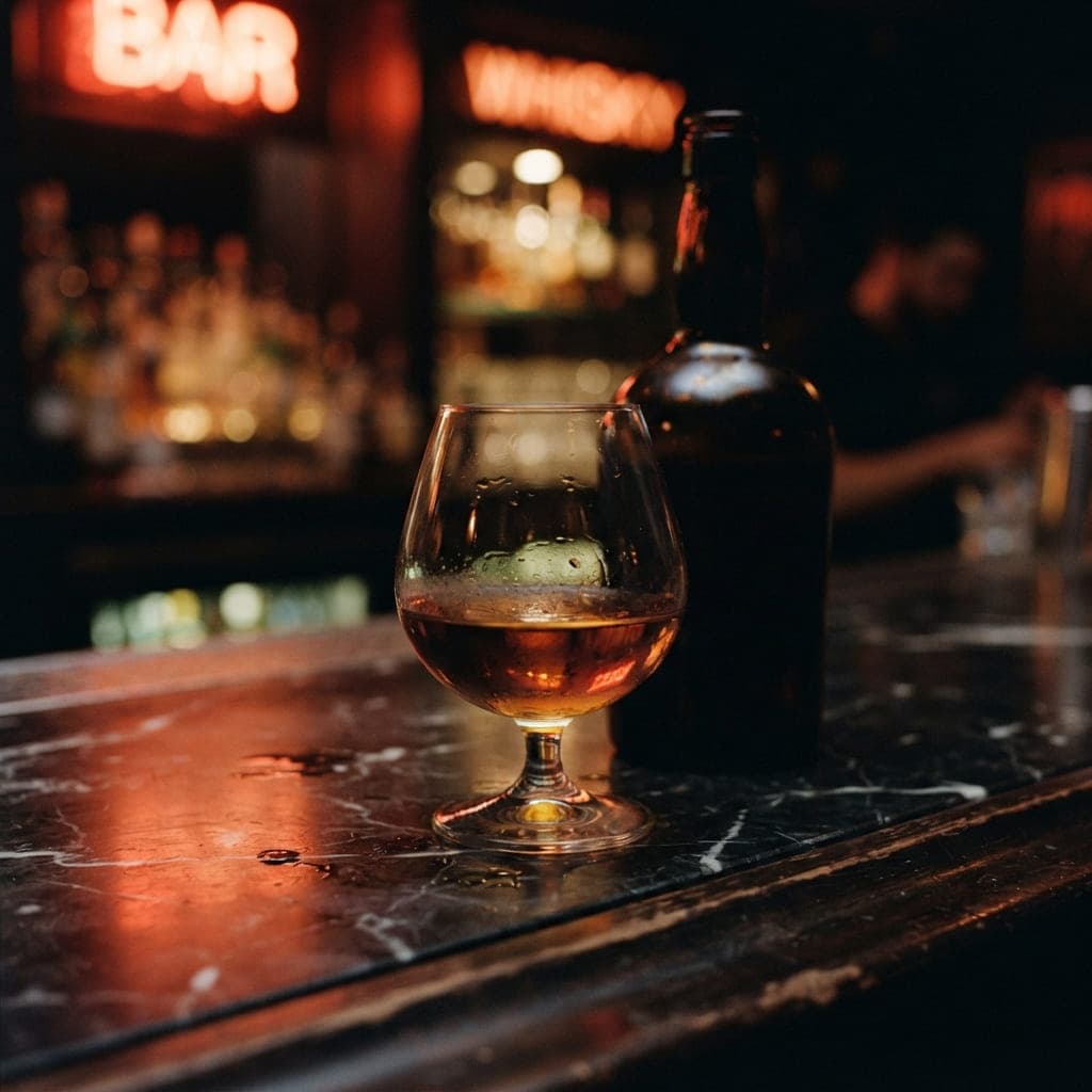 Botella de brandy con copa snifter sobre barra de mármol oscuro con reflejos neón