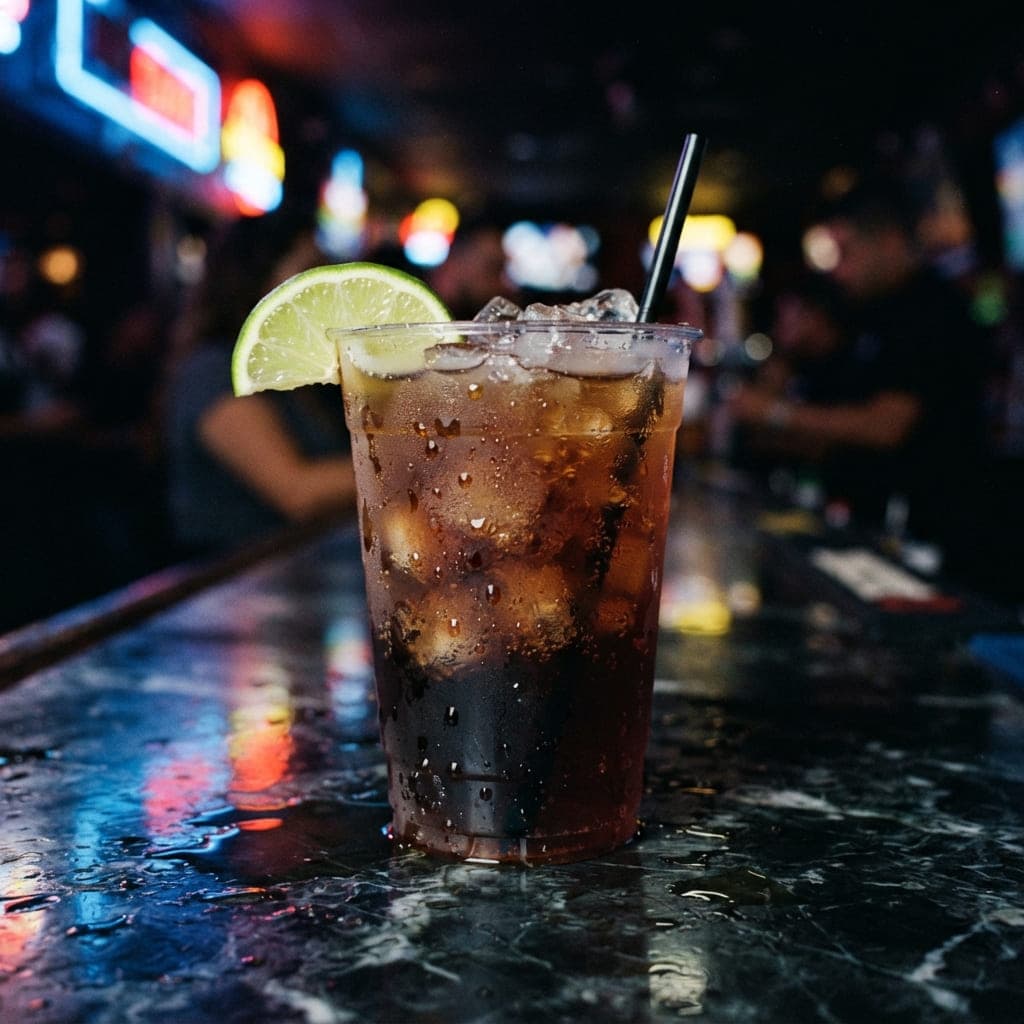 Cuba Libre (ron con cola) servido en vaso de plástico con reflejos neón