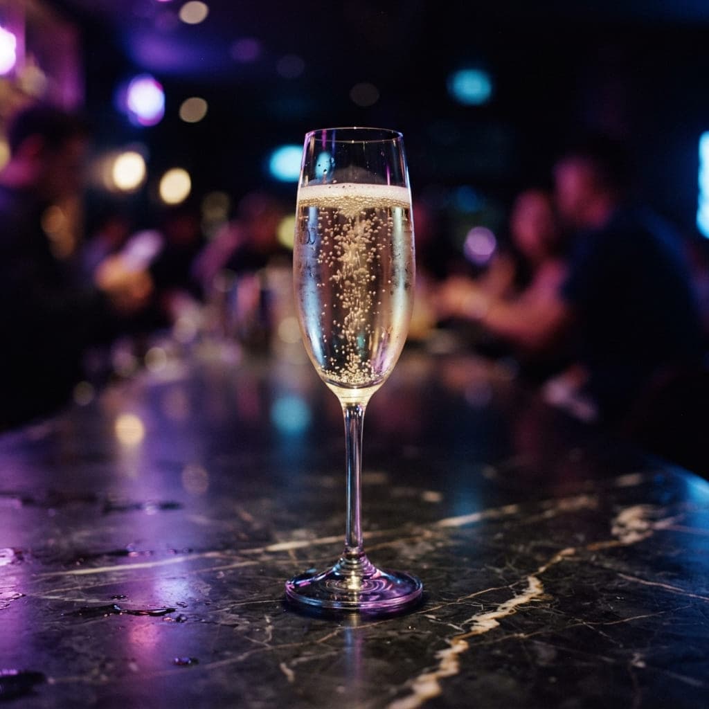 Botella de champagne o cava con copas flauta sobre barra de mármol oscuro con reflejos neón