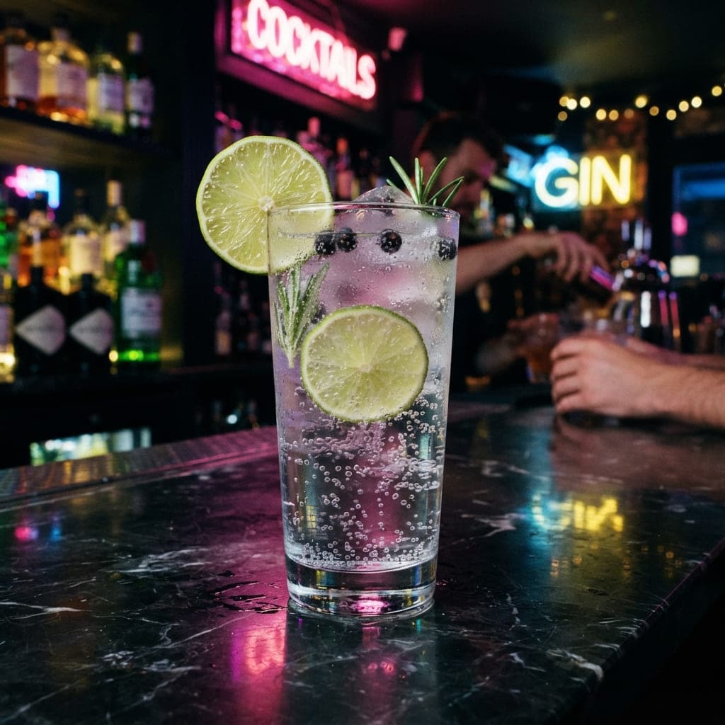 Gin tonic transparente con hielo y lima en vaso alto sobre barra de mármol oscuro con reflejos neón