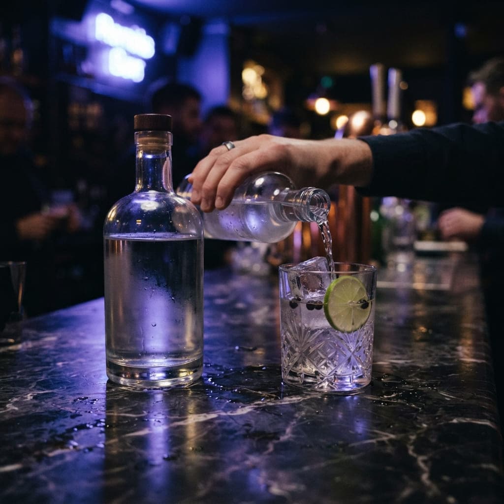 Botella de ginebra sobre barra de mármol oscuro con reflejos neón