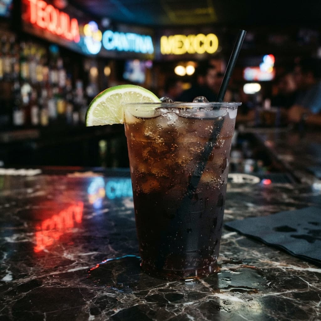 Charro Negro (cola con tequila) servido en vaso de plástico con reflejos neón