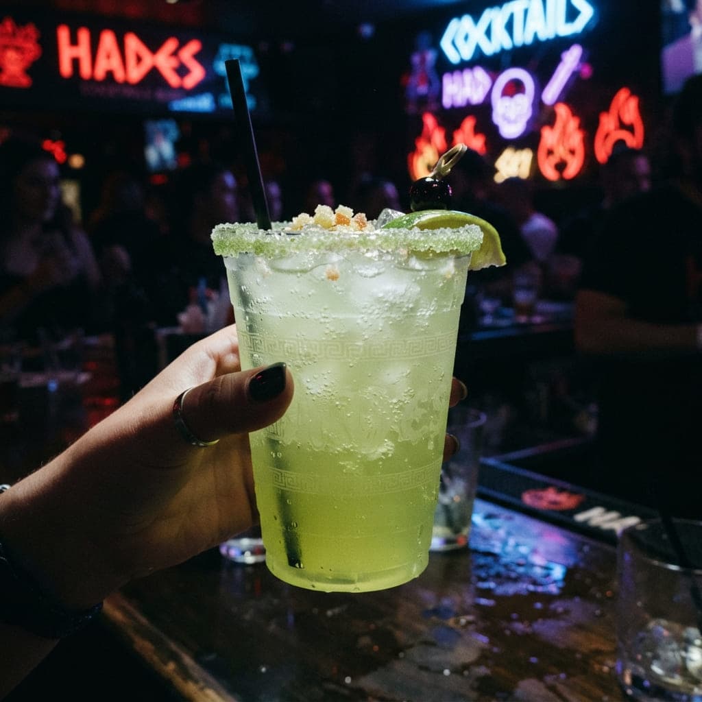 Cóctel Hades verde manzana pálido con borde escarchado servido en vaso de plástico con reflejos neón