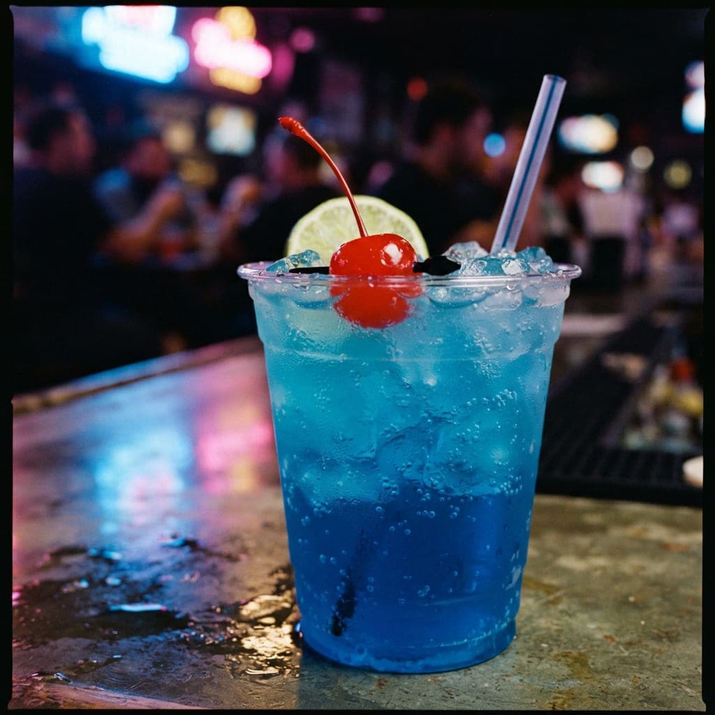 Cóctel Poseidón azul brillante con cereza roja servido en vaso de plástico con reflejos neón