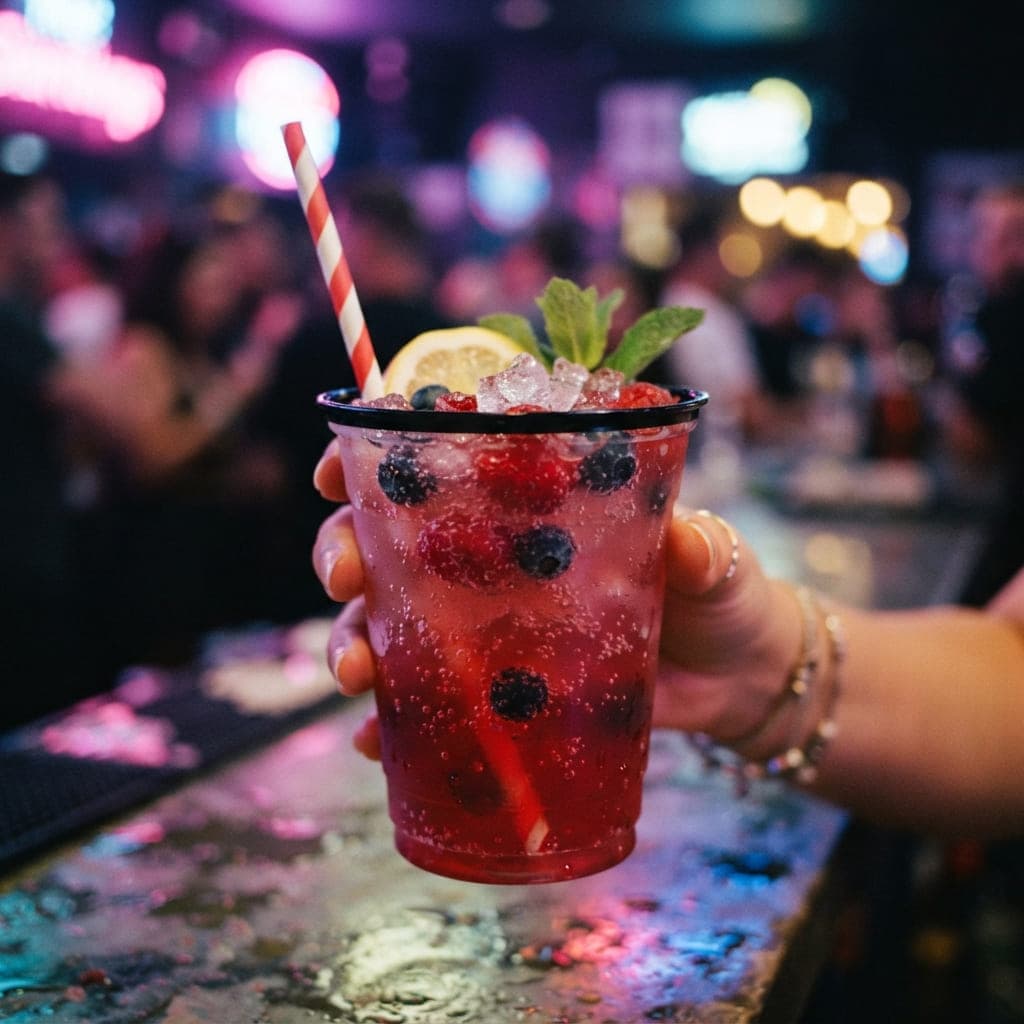 Cóctel Sátiro de tono rojo (vodka, frutos rojos, soda) servido en vaso de plástico con reflejos neón