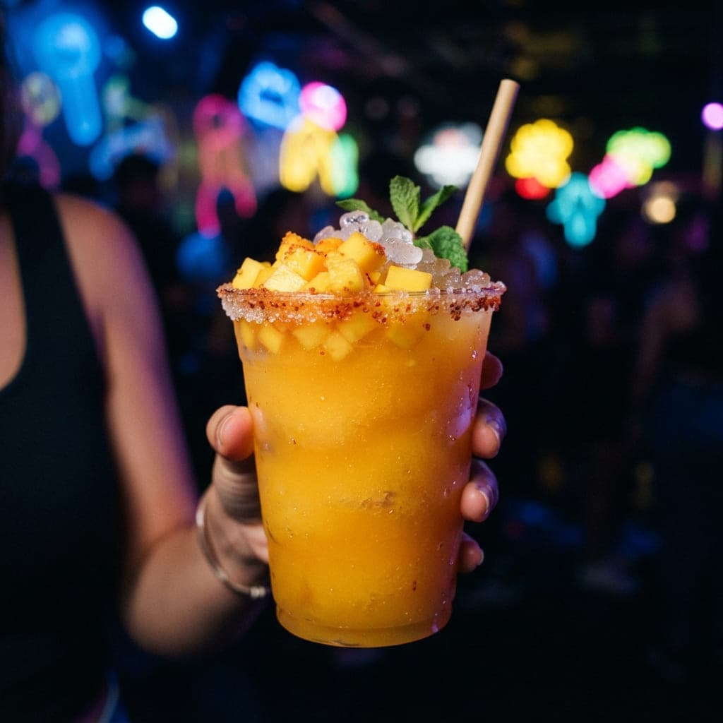 Cóctel Zeus naranja mango con borde escarchado servido en vaso de plástico con reflejos neón