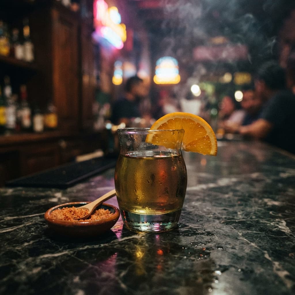 Botella de mezcal con presentación ahumada sobre barra de mármol oscuro con reflejos neón