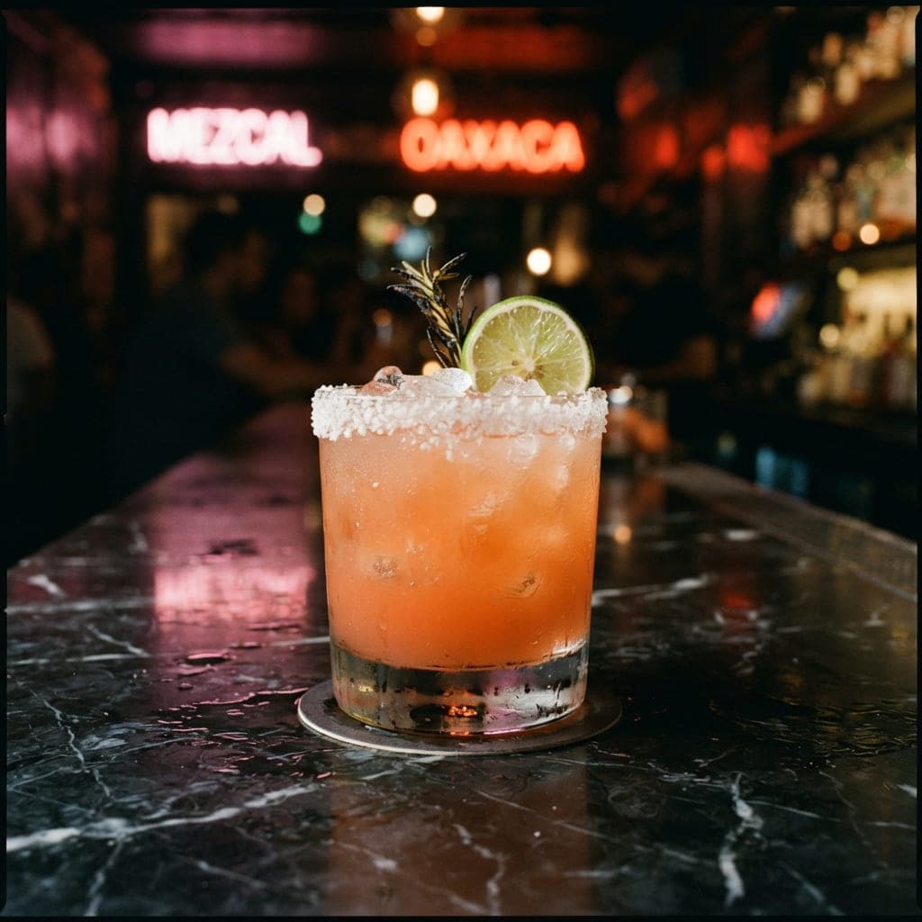 Mezcalita clásica con borde de sal en vaso rocks sobre barra de mármol oscuro con reflejos neón