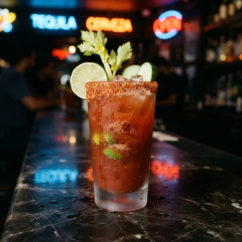 Michelada picante con borde de sal servida en vaso de plástico con reflejos neón