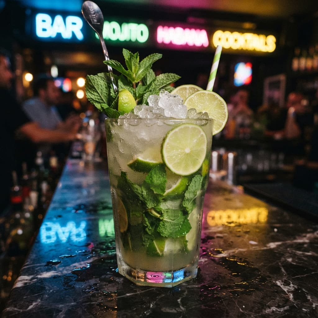 Mojito de un litro con menta fresca y lima en vaso alto, condensación visible, sobre barra de mármol oscuro con reflejos neón