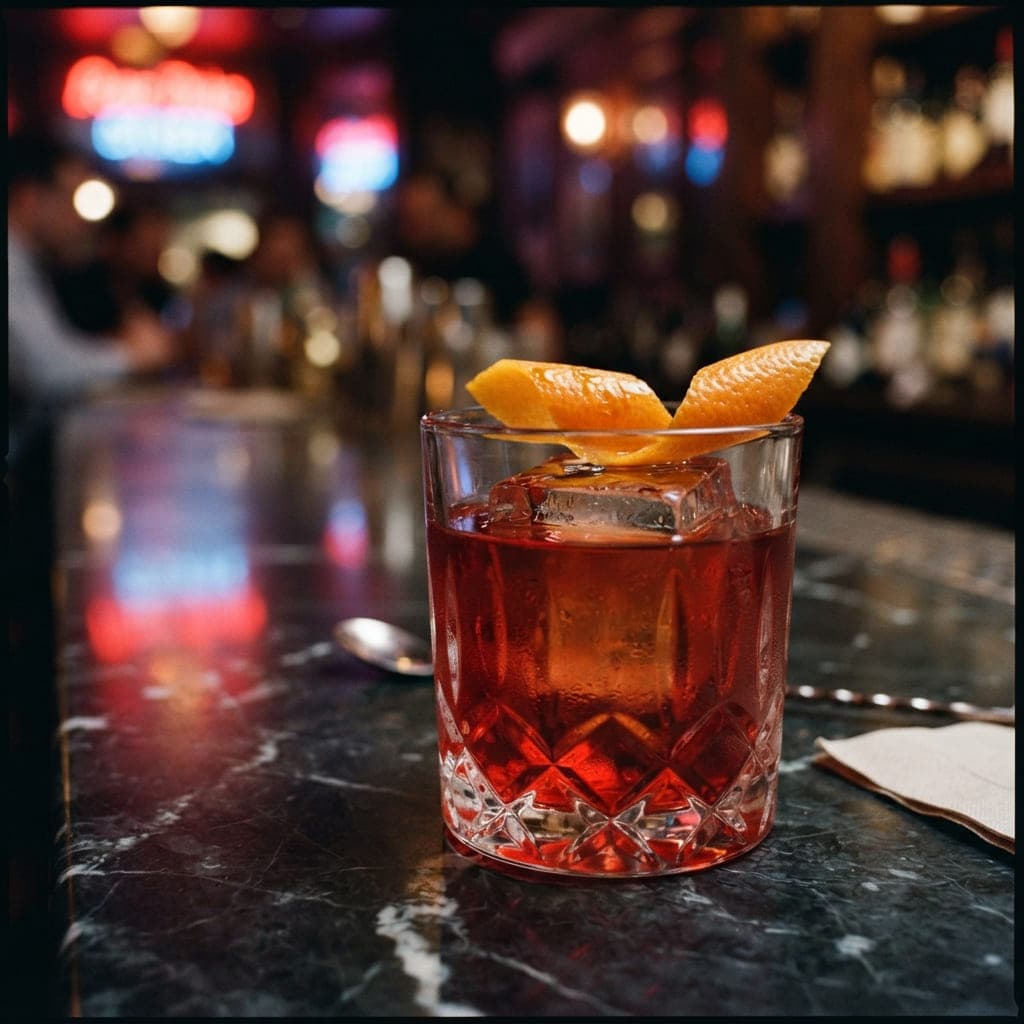 Negroni rojizo oscuro en vaso rocks con cáscara de naranja sobre barra de mármol oscuro con reflejos neón
