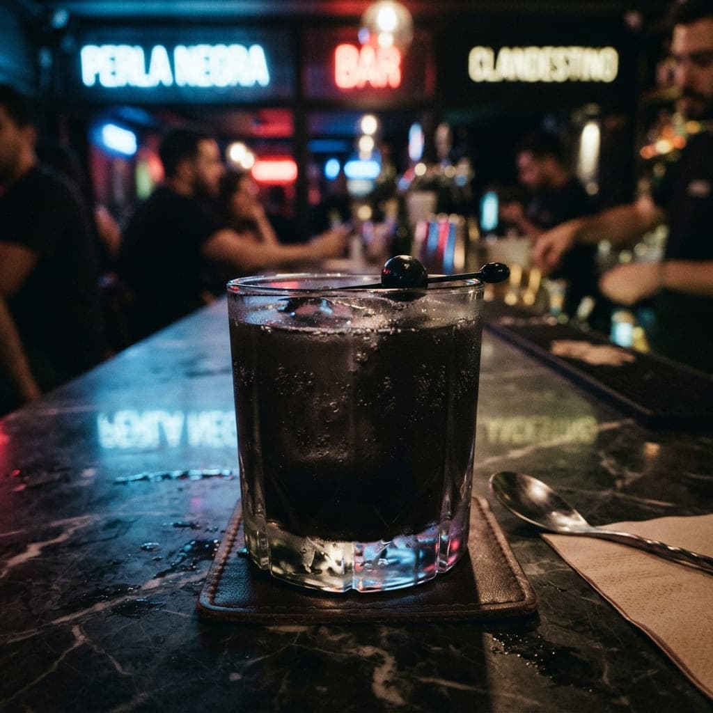 Cóctel Perla Negra de tonos oscuros servido en vaso sobre barra de mármol oscuro con reflejos neón