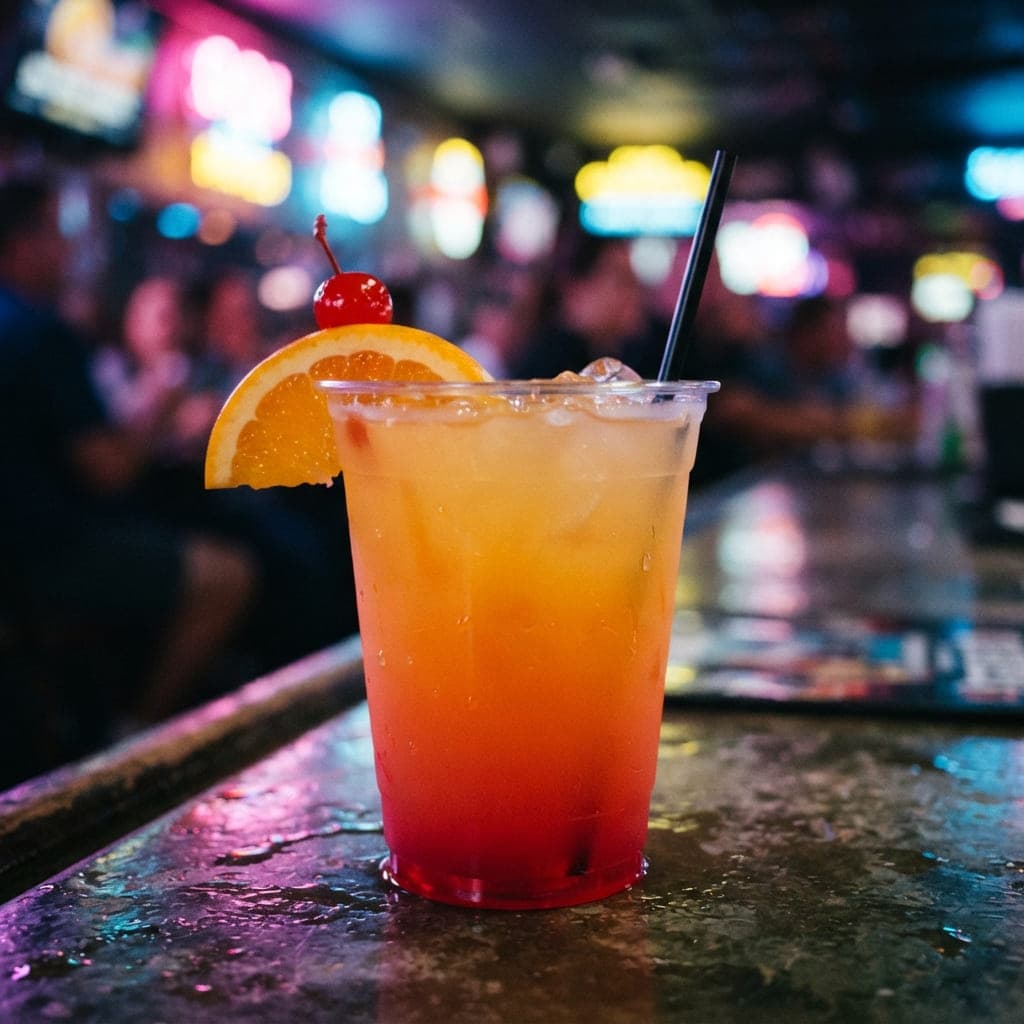 Tequila Sunrise con degradado naranja servido en vaso de plástico con reflejos neón