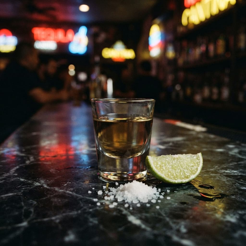 Botella de tequila con caballitos sobre barra de mármol oscuro con reflejos neón