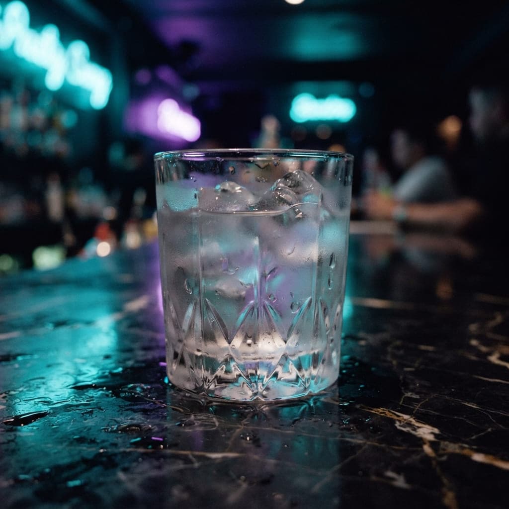 Botella de vodka con hielo sobre barra de mármol oscuro con reflejos neón