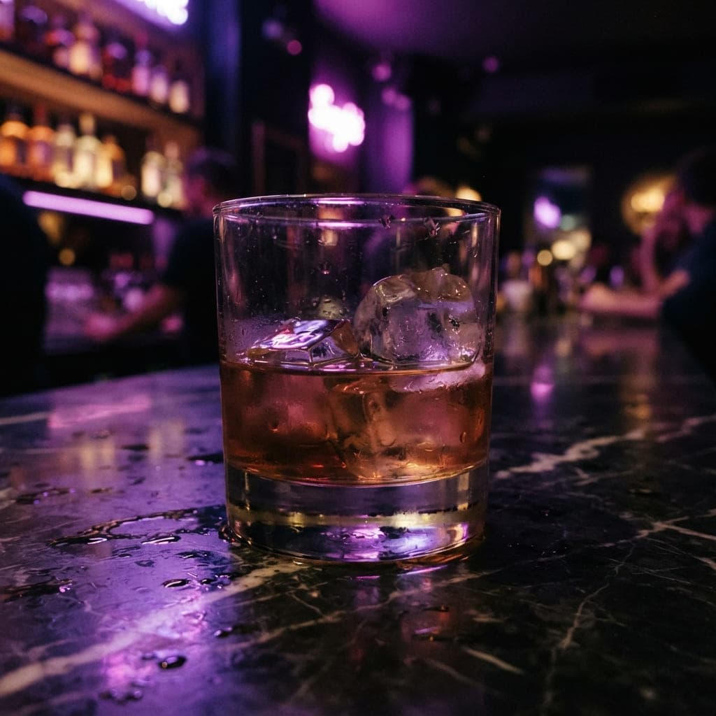 Botella de whisky con vaso rocks sobre barra de mármol oscuro con reflejos neón