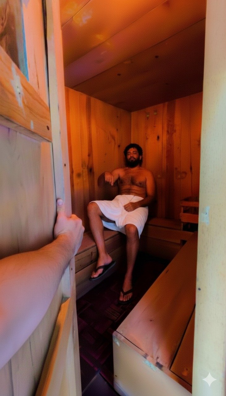 Sauna seca de madera con dos hombres envueltos en toallas, iluminación ámbar cálida